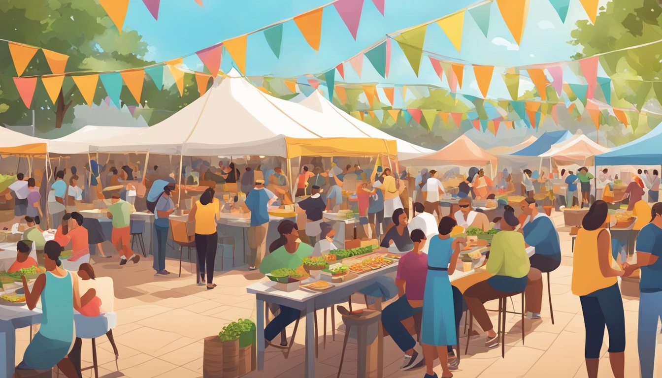 A bustling outdoor food festival with colorful tents, people tasting and savoring various dishes, live music, and a vibrant atmosphere