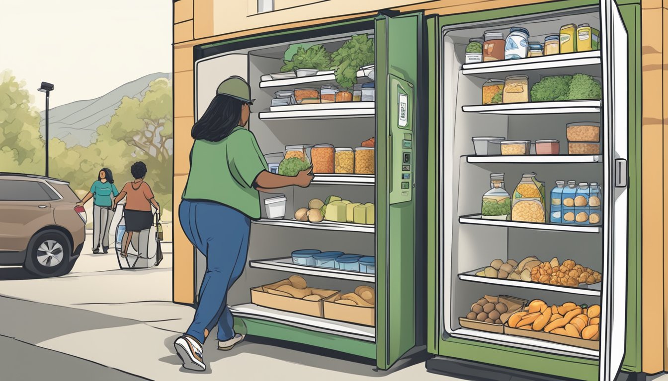 People accessing a community fridge in Chula Vista, CA. Taking and leaving food items. A sign indicating guidelines for use