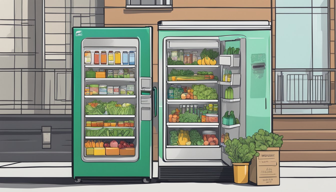 A community fridge filled with fresh produce, canned goods, and hygiene products. A sign on the fridge lists donation guidelines for mobile, AL locals