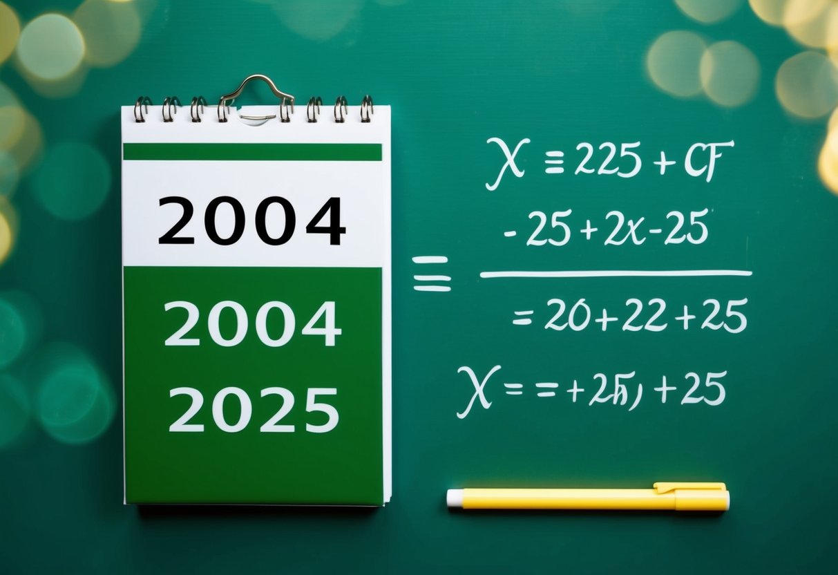 Um calendário mostrando os anos de 2004 e 2025 com uma equação matemática escrita em um quadro negro