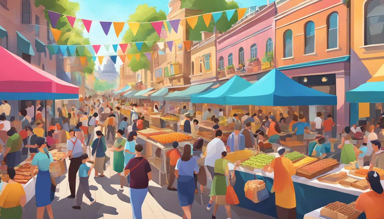 A bustling food festival with colorful vendor booths, lively music, and delicious aromas wafting through the air