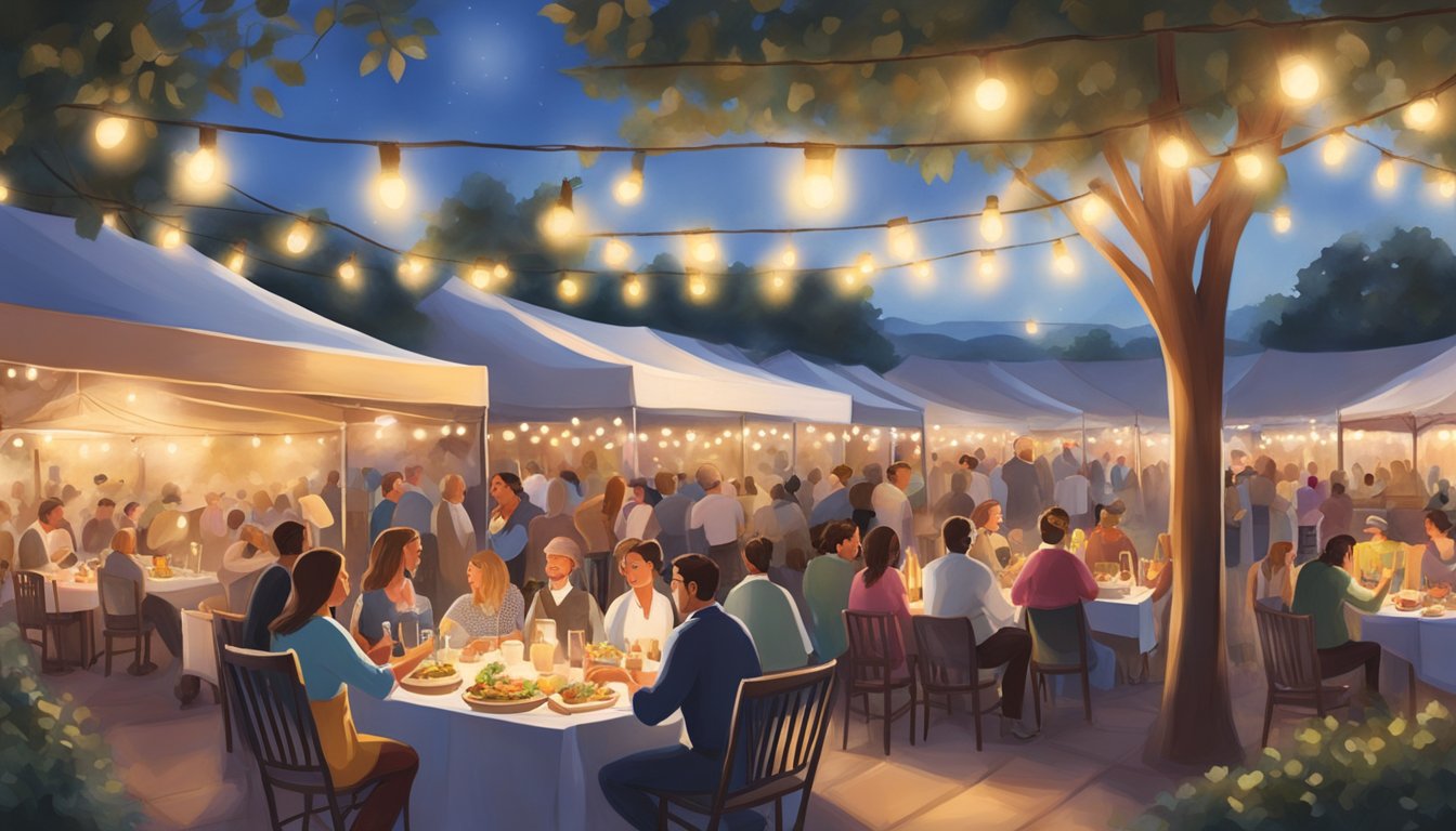 Crowds gather under string lights, savoring gourmet dishes and sipping wine. Live music fills the air as chefs showcase their culinary creations