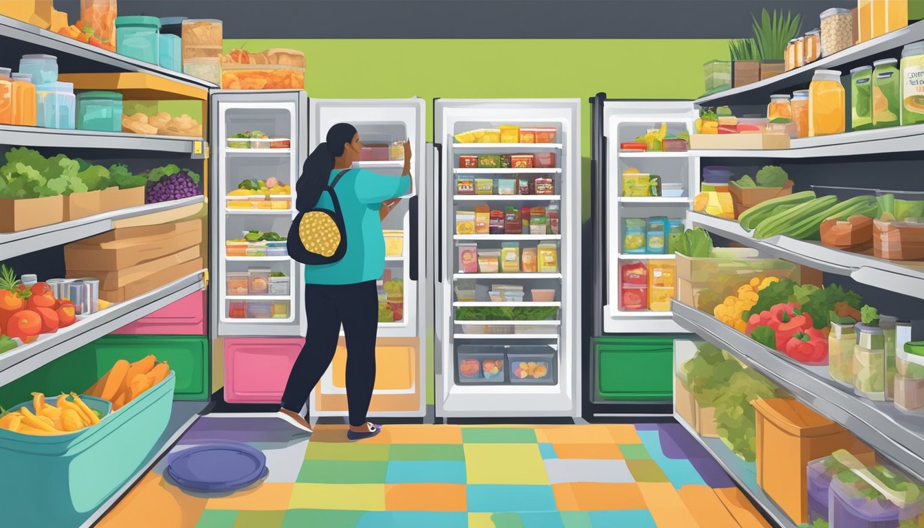 A colorful local community fridge in Chula Vista, CA surrounded by shelves of food and resources, with people coming and going