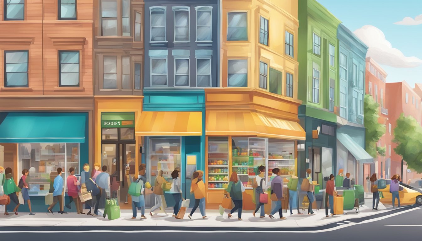 A bustling city street with a colorful community fridge surrounded by diverse businesses and people