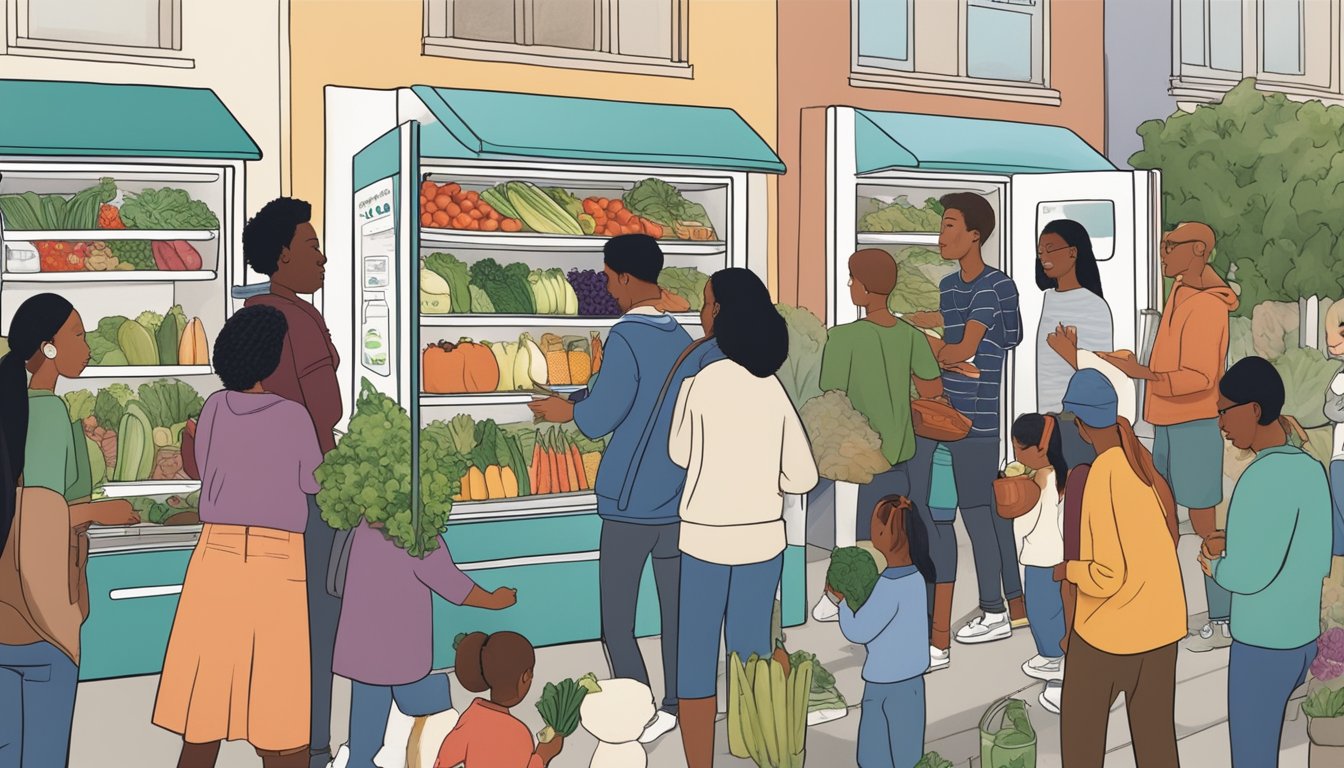 A diverse group of people accessing a community fridge in a Berkeley neighborhood, with a mix of fresh produce and canned goods inside