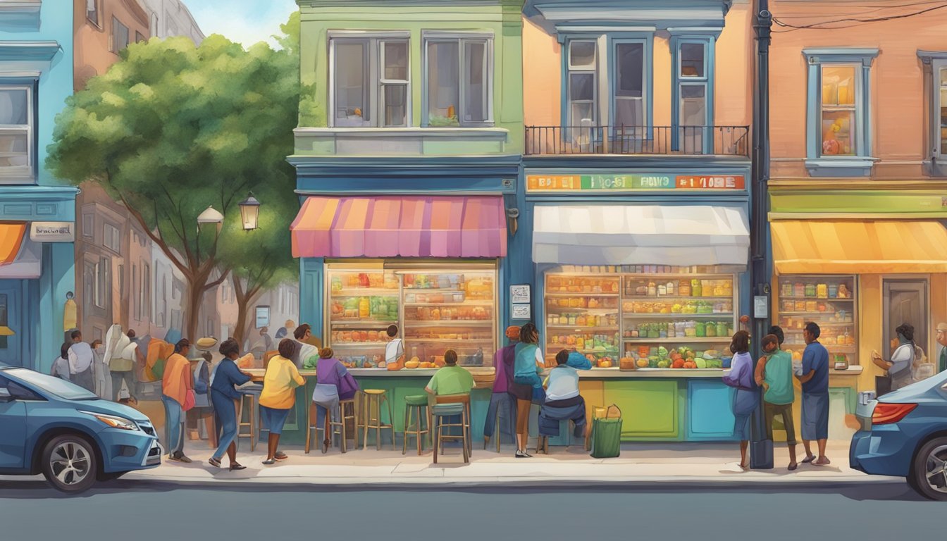 A bustling street corner with a colorful community fridge adorned with vibrant artwork, surrounded by locals exchanging food and information