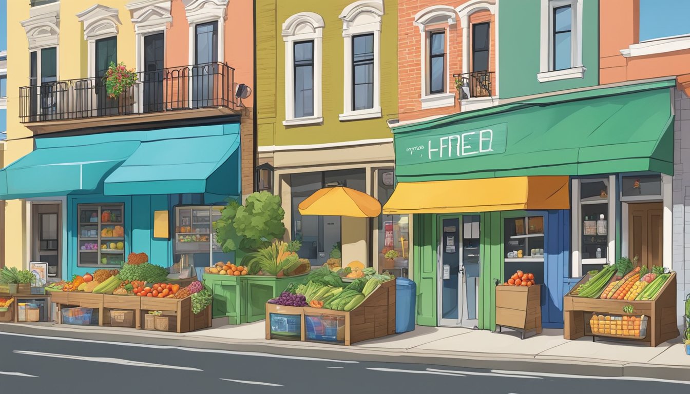 A colorful, bustling street corner with a vibrant community fridge adorned with local artwork and stocked with fresh produce and pantry items