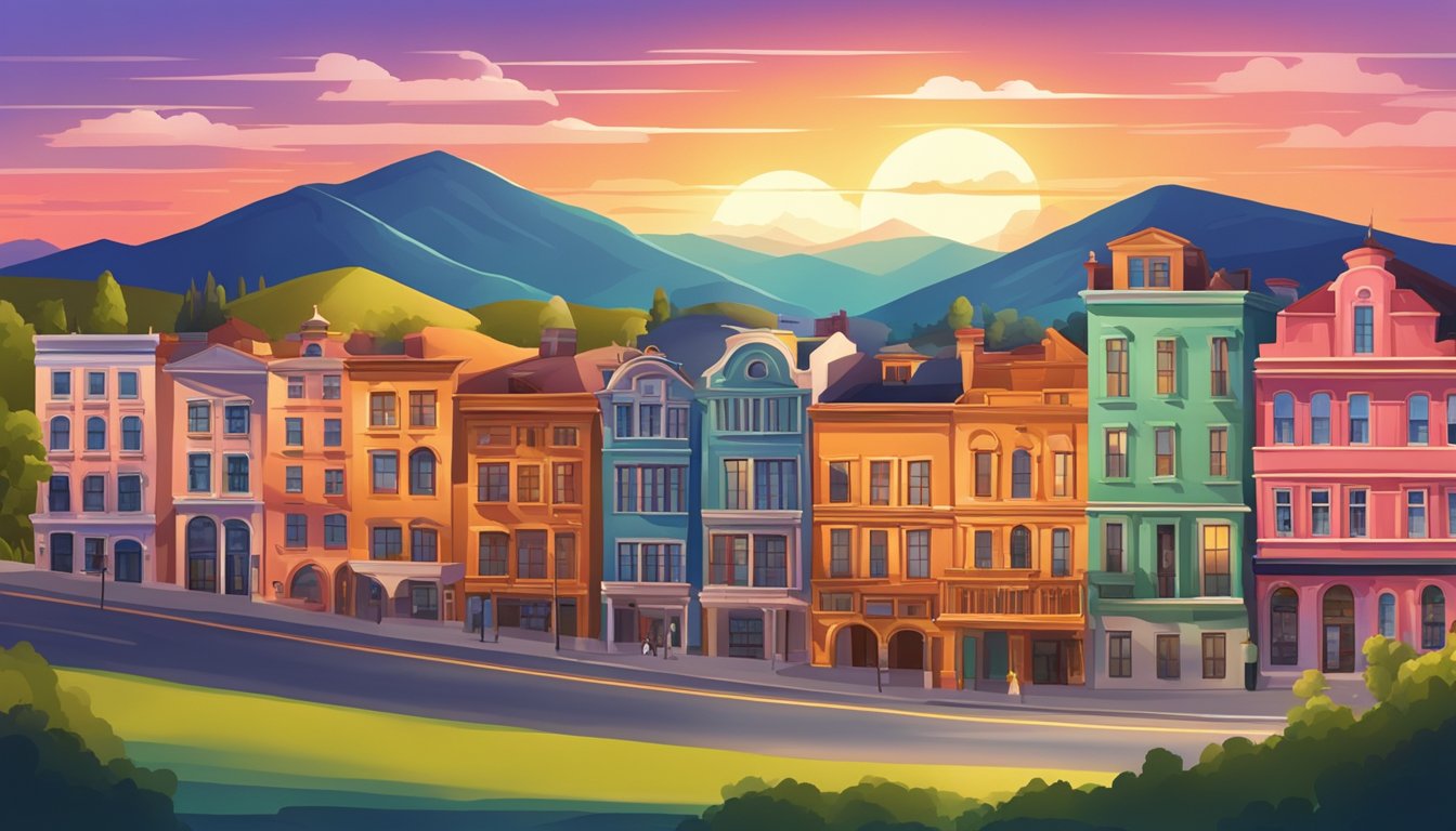 A line of historic buildings with colorful facades, set against a backdrop of rolling hills and a vibrant sunset