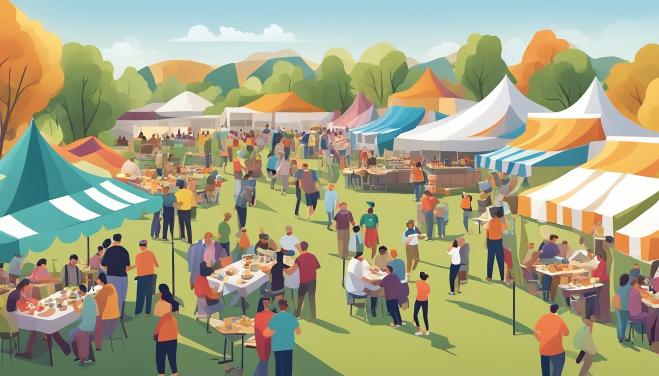 A bustling outdoor food and wine festival with colorful tents, live music, and people enjoying tastings and cooking demonstrations