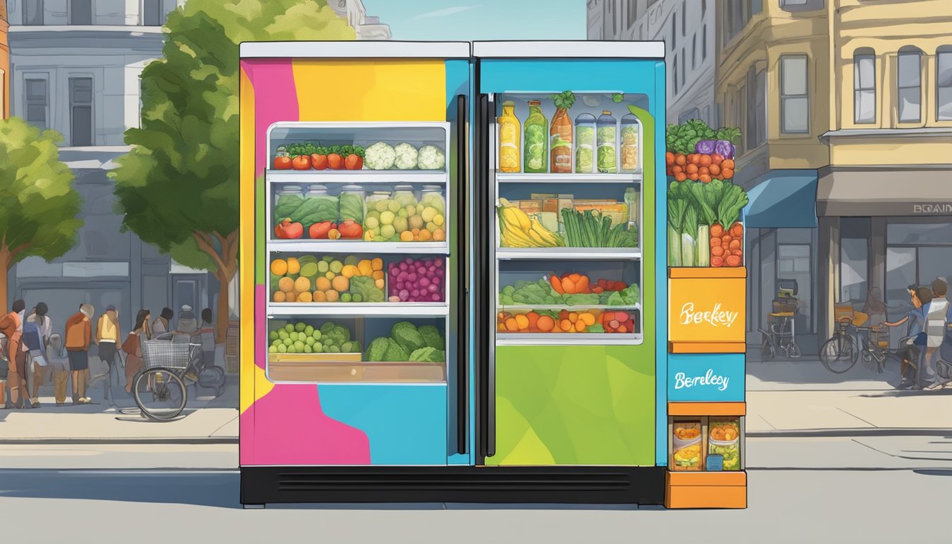 A brightly colored community fridge stands on a bustling Berkeley street, surrounded by fresh produce and canned goods