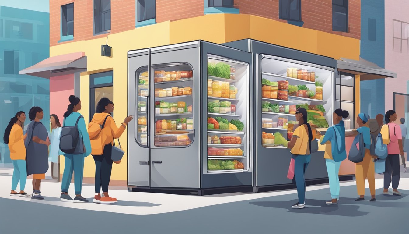 A colorful community fridge surrounded by diverse people adding and taking food items in a bustling urban setting