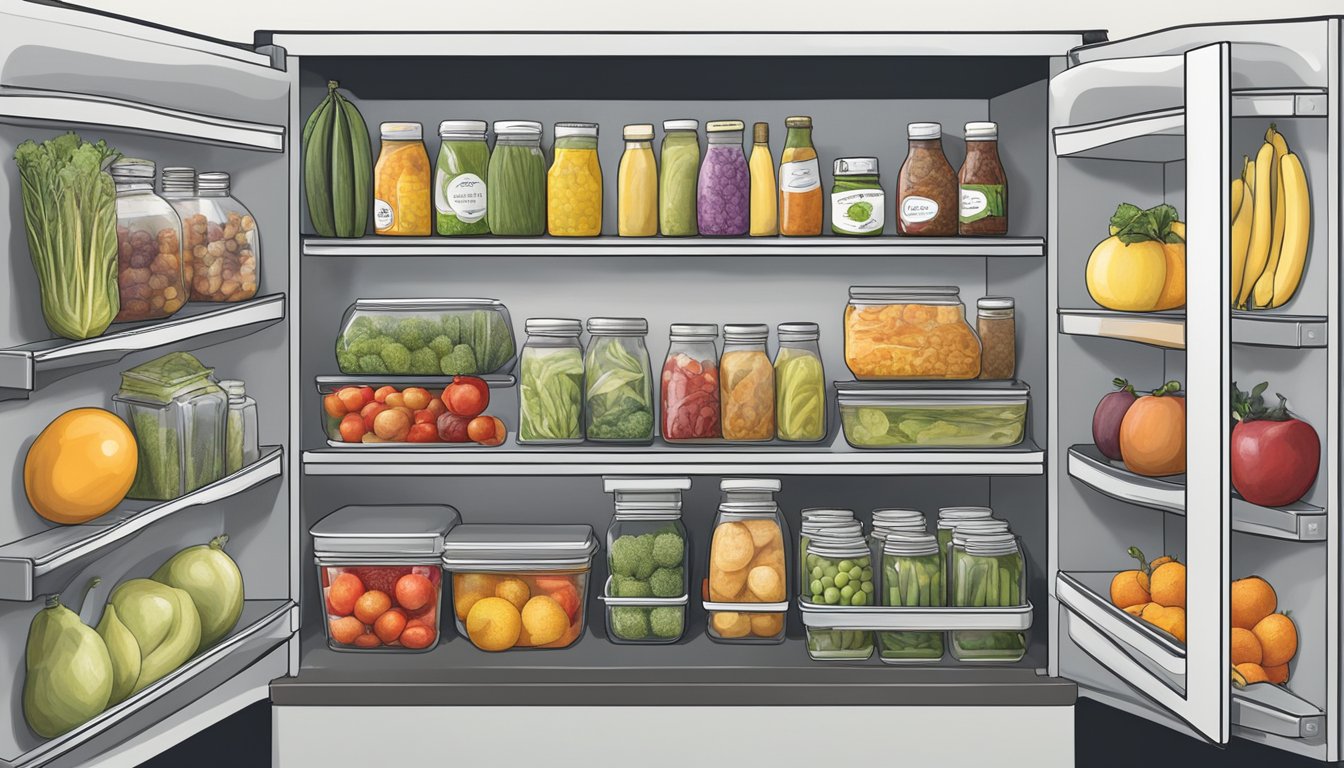 A diverse array of fresh produce, canned goods, and packaged foods neatly organized inside a community fridge in Berkeley, CA