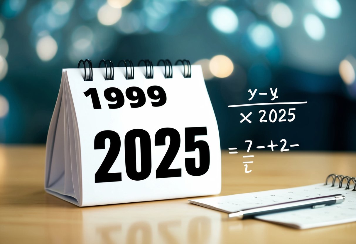 Um calendário mostrando os anos 1999 e 2025 com uma equação matemática escrita ao lado.