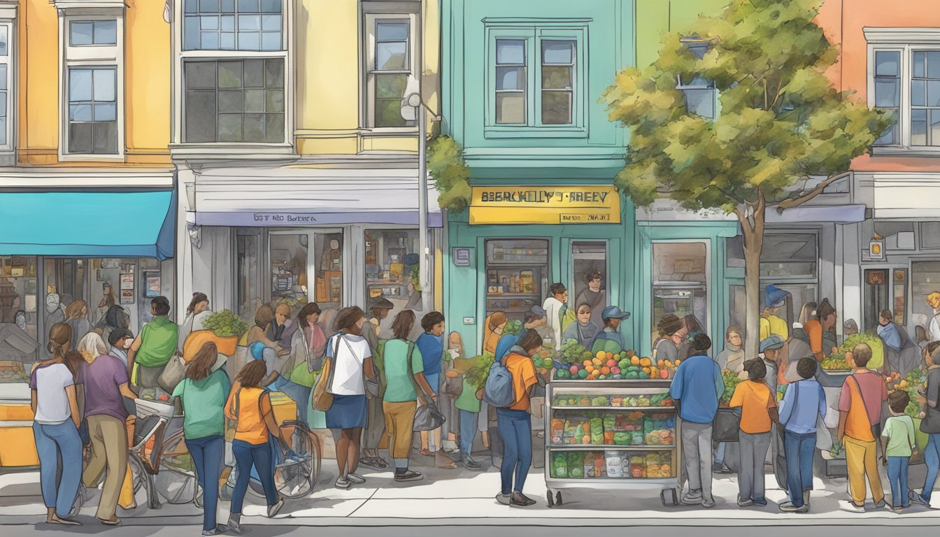 A bustling street with a colorful community fridge surrounded by volunteers and locals in Berkeley, CA