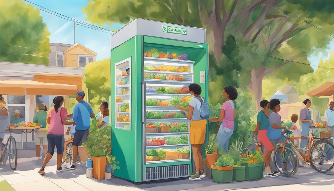 A colorful local community fridge surrounded by greenery in Berkeley, CA, with people happily contributing and taking food