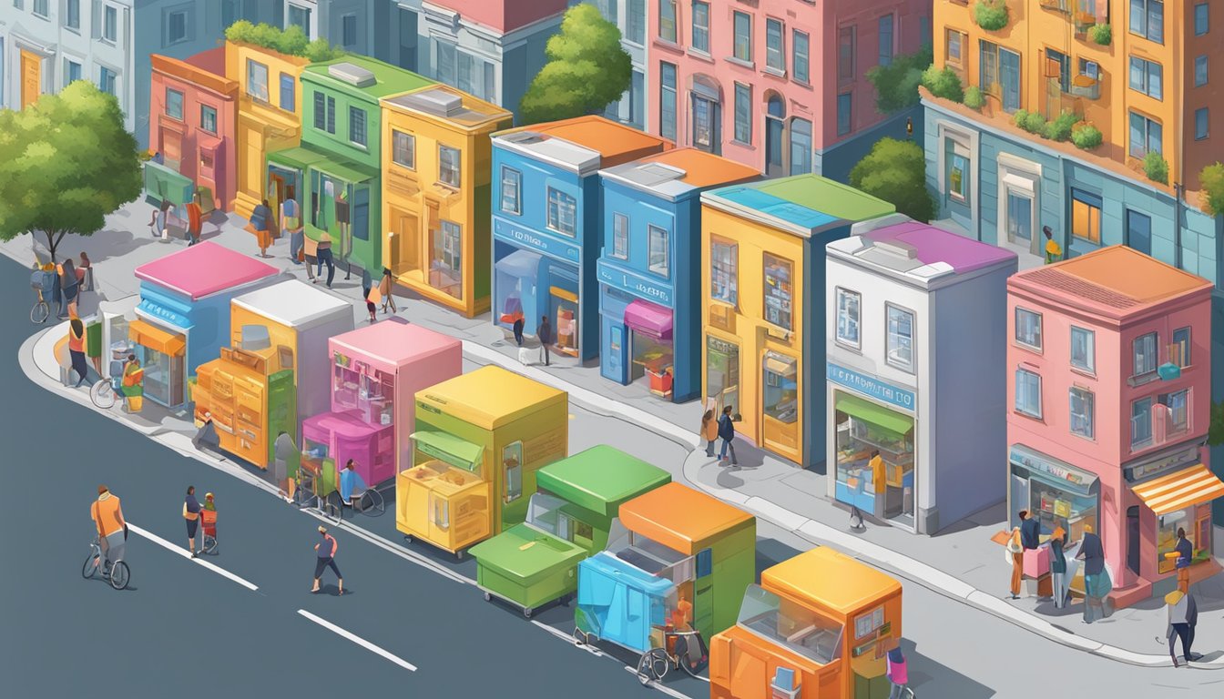 A colorful community fridge stands against a backdrop of diverse buildings, with people coming and going to deposit or collect food items