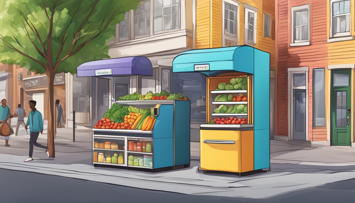 A brightly colored community fridge stands on a bustling street corner, filled with fresh produce and packaged goods. People stop to add and take items