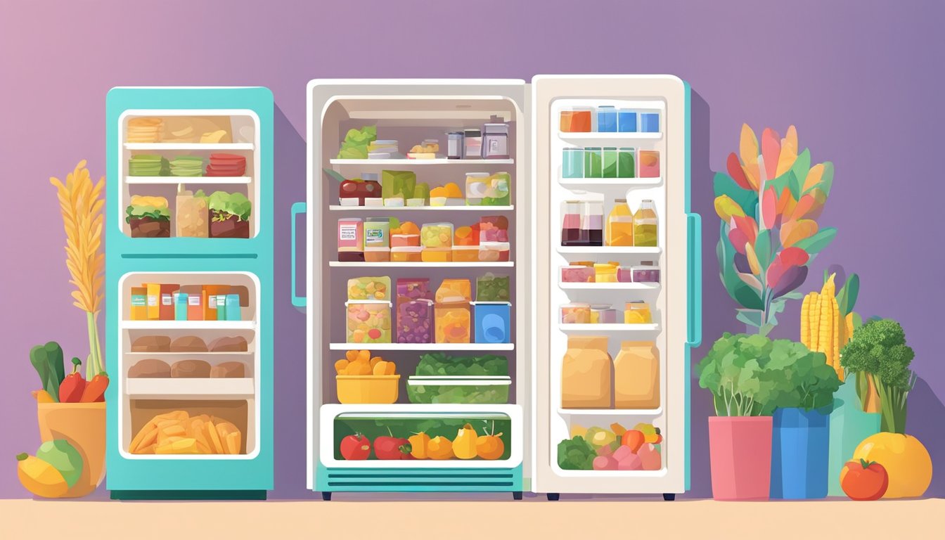 A colorful community fridge surrounded by diverse food items with people contributing and taking food