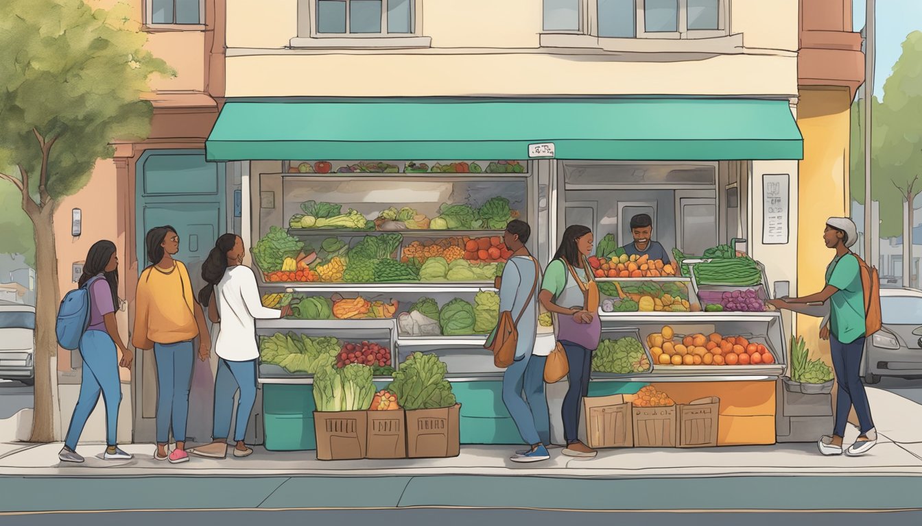 A bustling street corner in Berkeley, CA, with a colorful community fridge filled with fresh produce and food items, surrounded by smiling locals sharing success stories