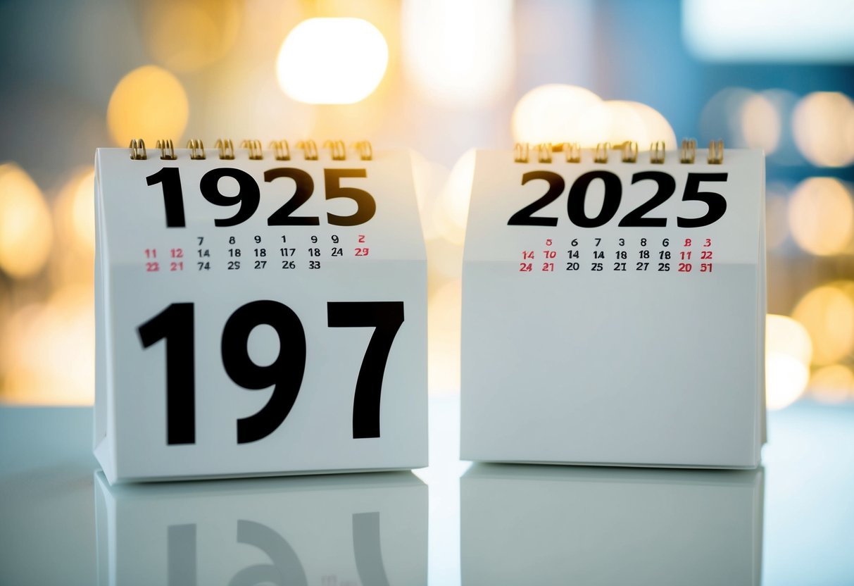 Um calendário mostrando os anos de 1997 e 2025 com uma representação visual clara da passagem do tempo