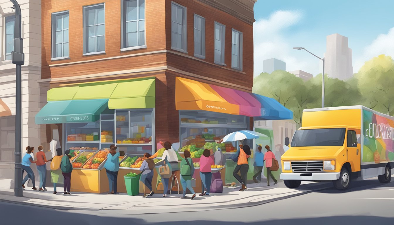 A bustling street corner with a colorful community fridge surrounded by people dropping off and picking up food donations