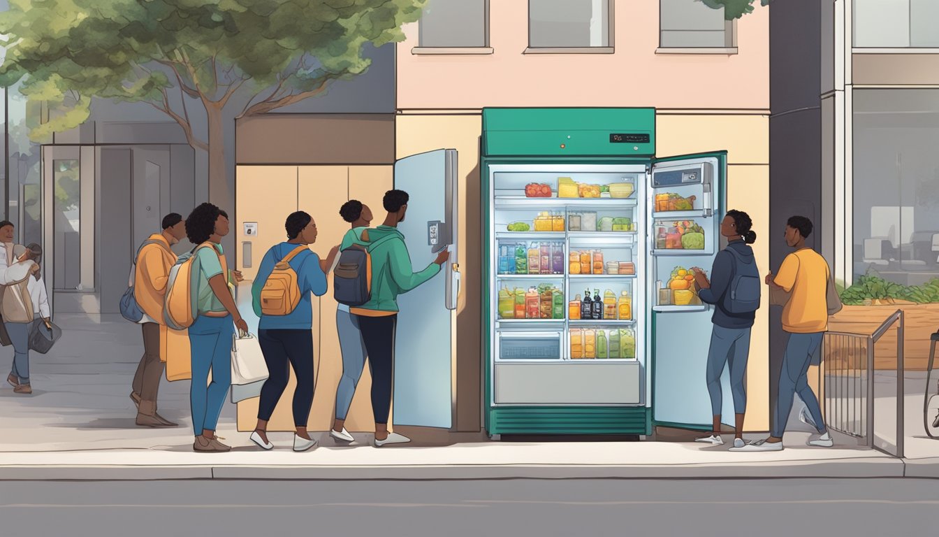 People accessing a community fridge, placing food inside, and taking items out. The fridge is located in a public space with a sign indicating its purpose