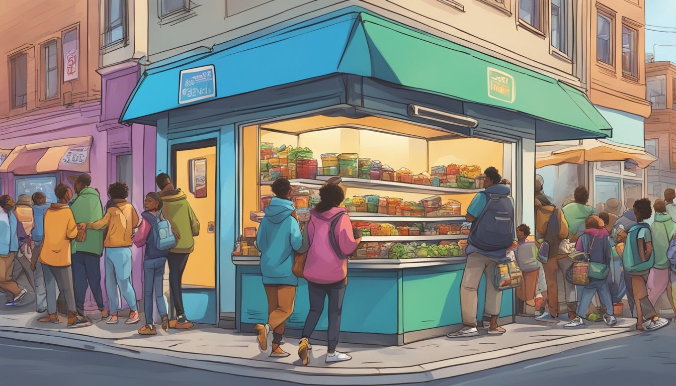 A bustling street corner with a colorful, graffiti-covered community fridge surrounded by people dropping off and picking up food items