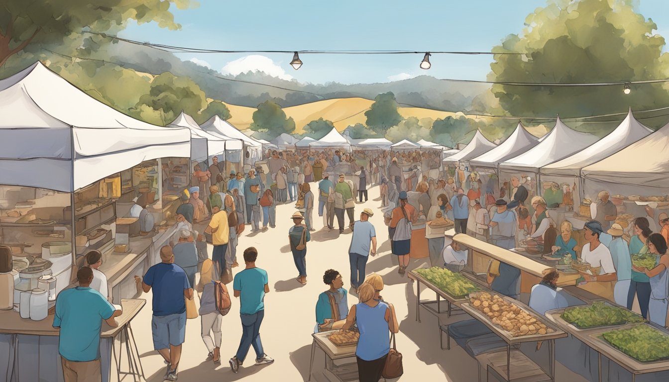 Crowds gather around food booths and live music stages at the lively Gilroy Garlic Festival. The air is filled with the savory aroma of garlic-infused dishes