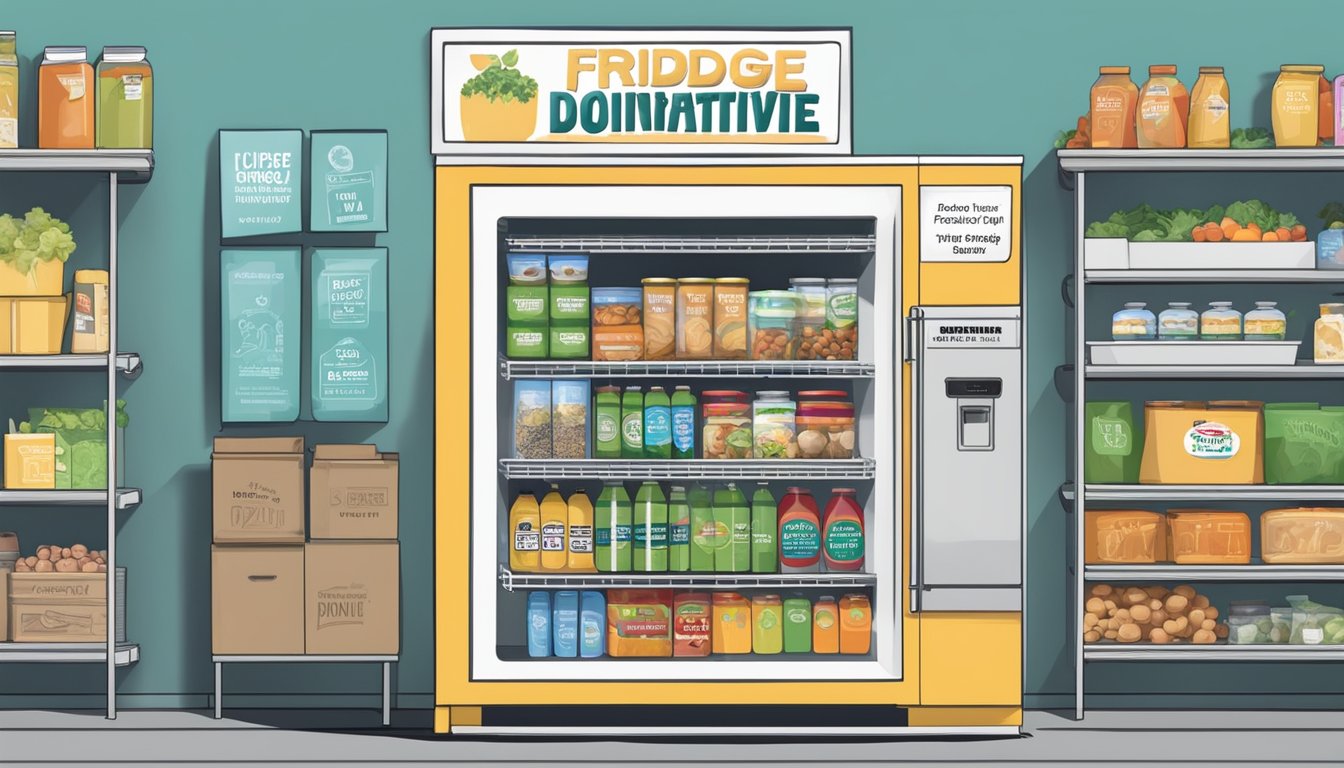 A local community fridge with shelves stocked full of food donations and a sign indicating it is part of the "Fridge Little Rock, AR" initiative