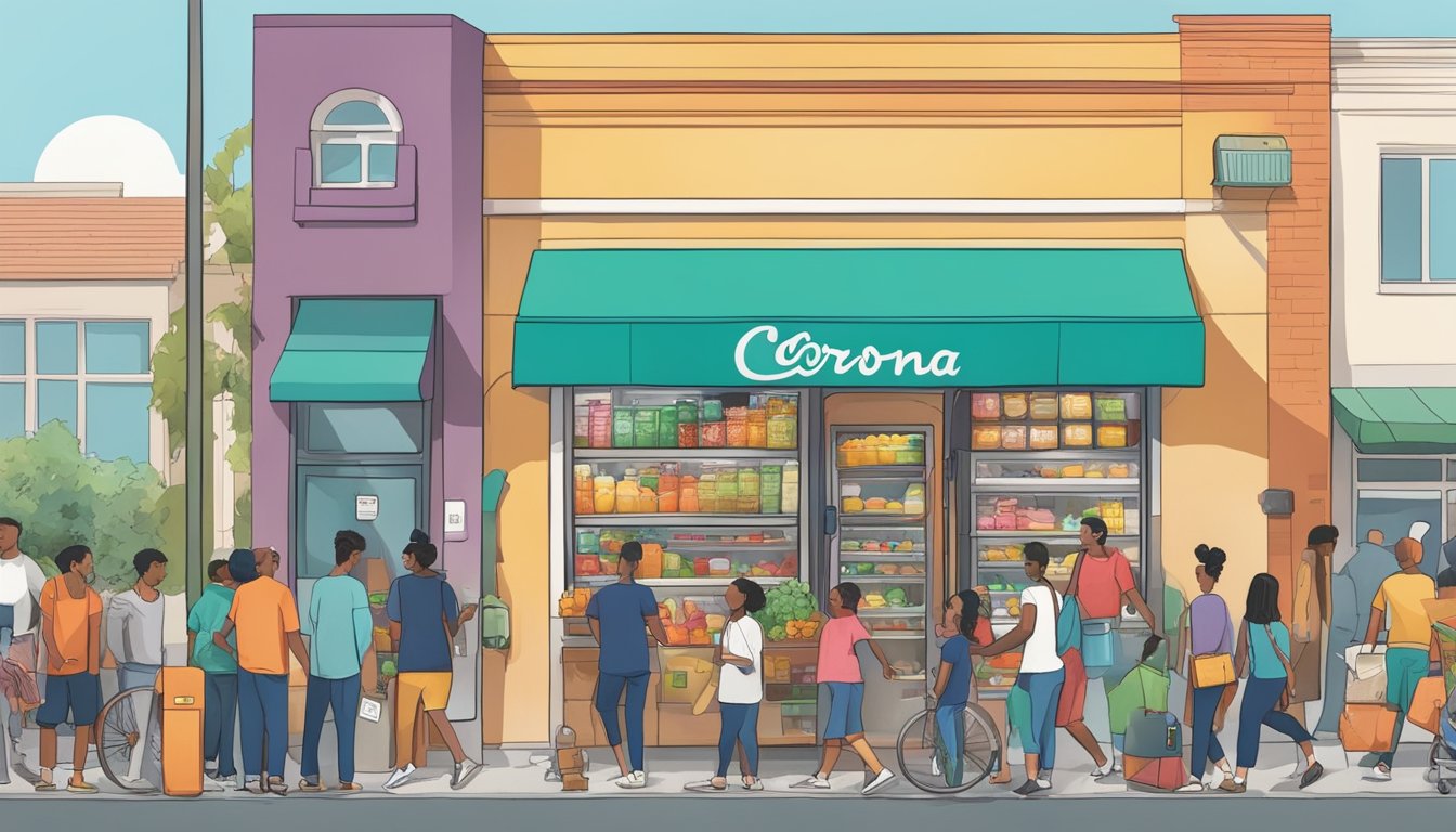 A bustling street in Corona, CA with a colorful community fridge surrounded by people exchanging goods and building partnerships