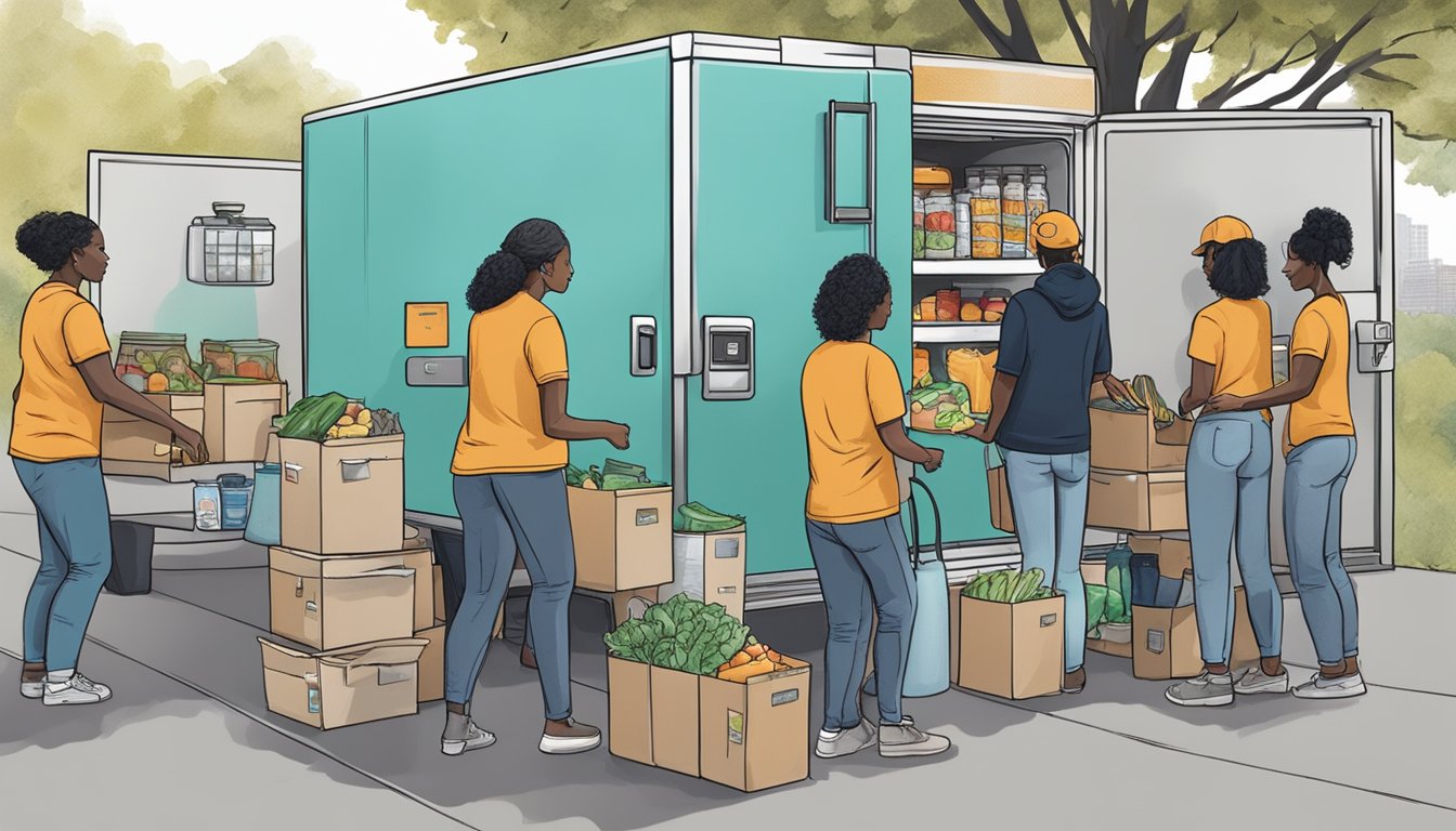 A group of volunteers organizing and stocking a community fridge in Little Rock, Arkansas