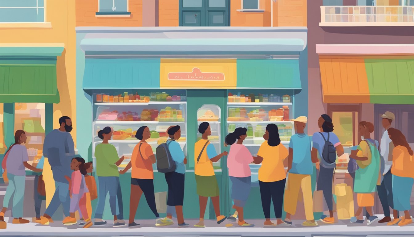 A bustling street scene with a colorful community fridge surrounded by people of diverse backgrounds and ages, all contributing and taking food