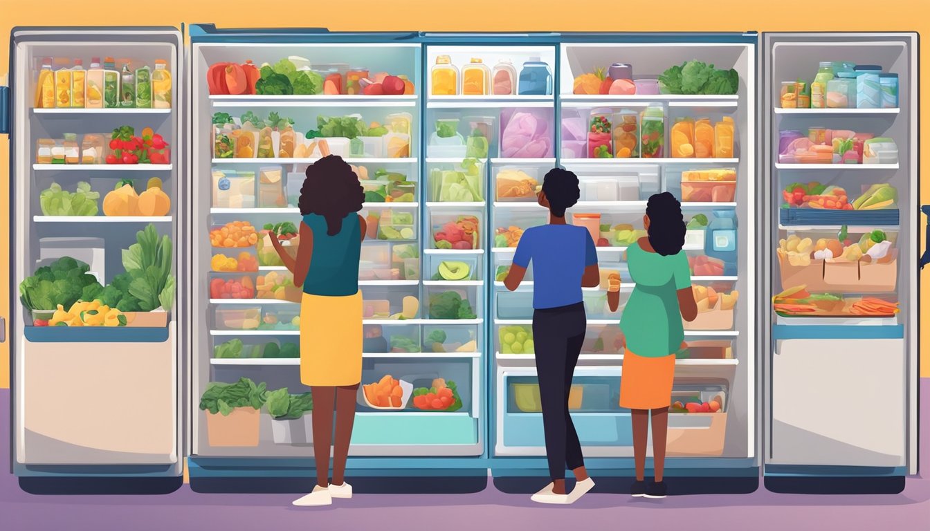 A colorful community fridge surrounded by diverse food items, with people coming and going to contribute and take what they need