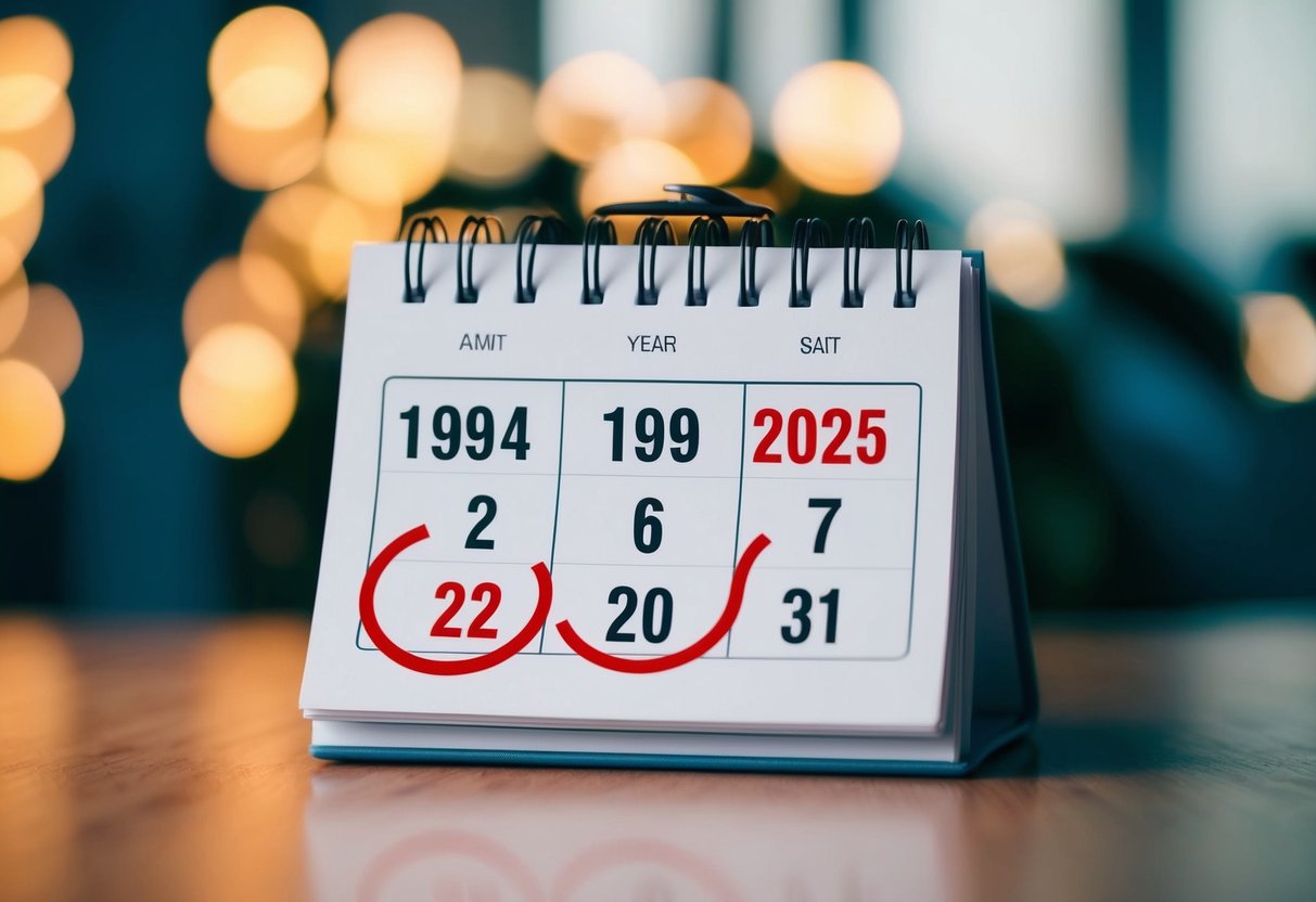 Um calendário com o ano de 1994 circulado e o ano de 2025 destacado