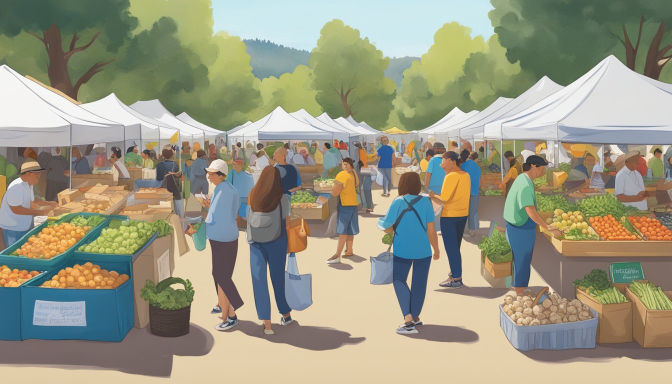 Vendors selling produce and food at the Gilroy Garlic Festival, with people donating to charity booths