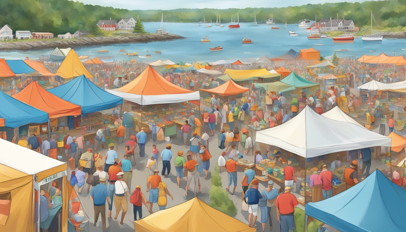 A bustling Maine Lobster Festival with colorful tents, crowds of people, and the scent of fresh seafood filling the air