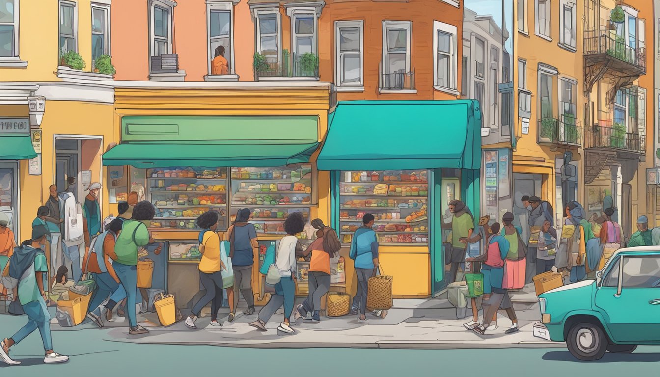 A bustling street corner with colorful community fridges adorned with local artwork, surrounded by a diverse group of people dropping off and picking up food