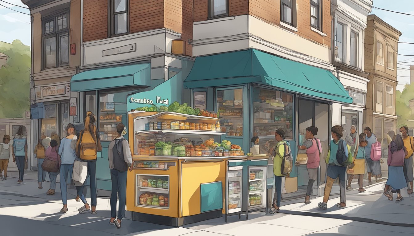 A local community fridge stands in a bustling street, surrounded by small businesses and passersby. People drop off food and supplies, while others stop to take what they need