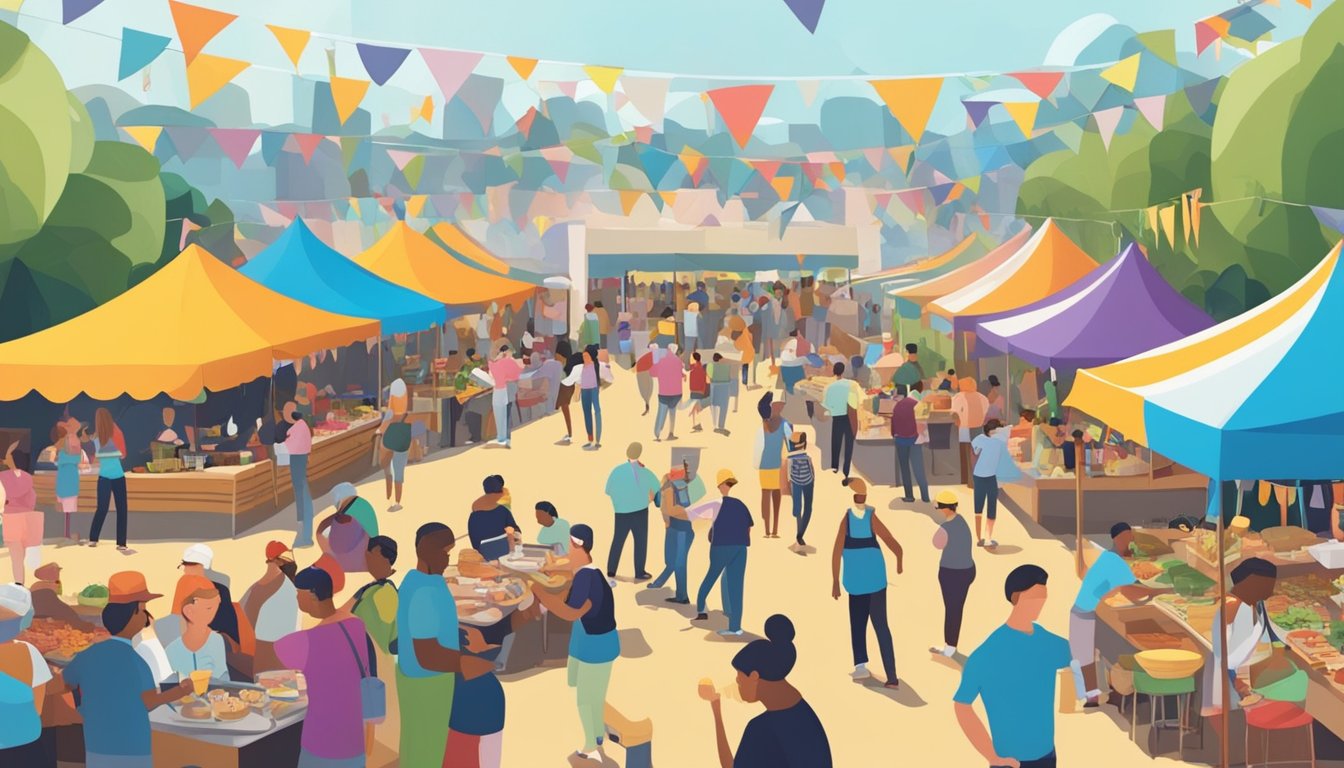 A bustling outdoor food festival with colorful tents, live music, and people sampling gourmet dishes and drinks