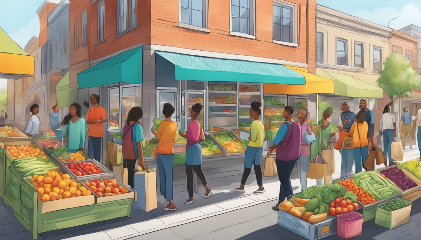 A bustling street with diverse individuals accessing a brightly colored community fridge filled with fresh produce and canned goods