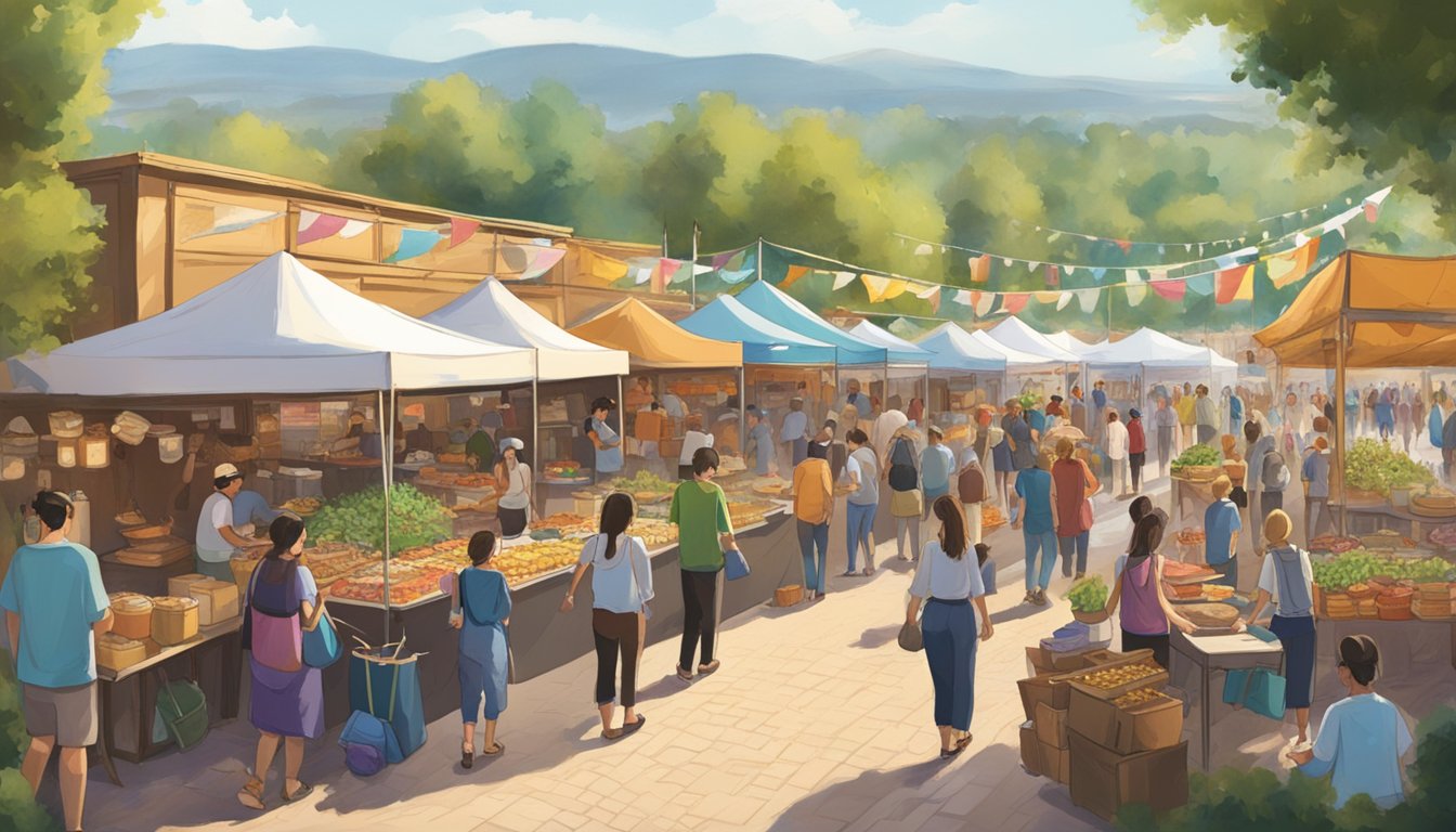 Vendor booths line a bustling pathway, wafting the aroma of garlic-infused dishes. A stage in the distance hosts live music, while visitors explore the festival grounds