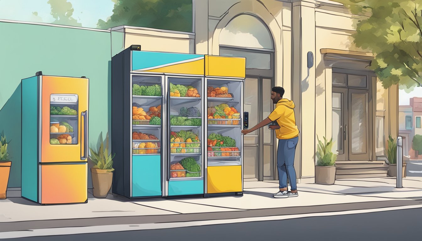 A person placing food items into a brightly colored community fridge on a sunny street corner in Chico, California