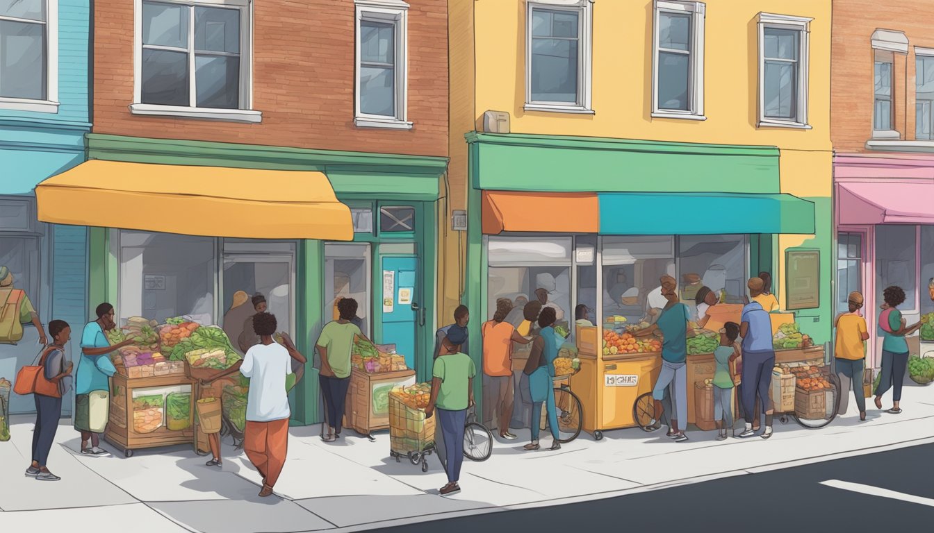 A bustling street corner with a colorful community fridge surrounded by diverse local residents accessing and donating food items