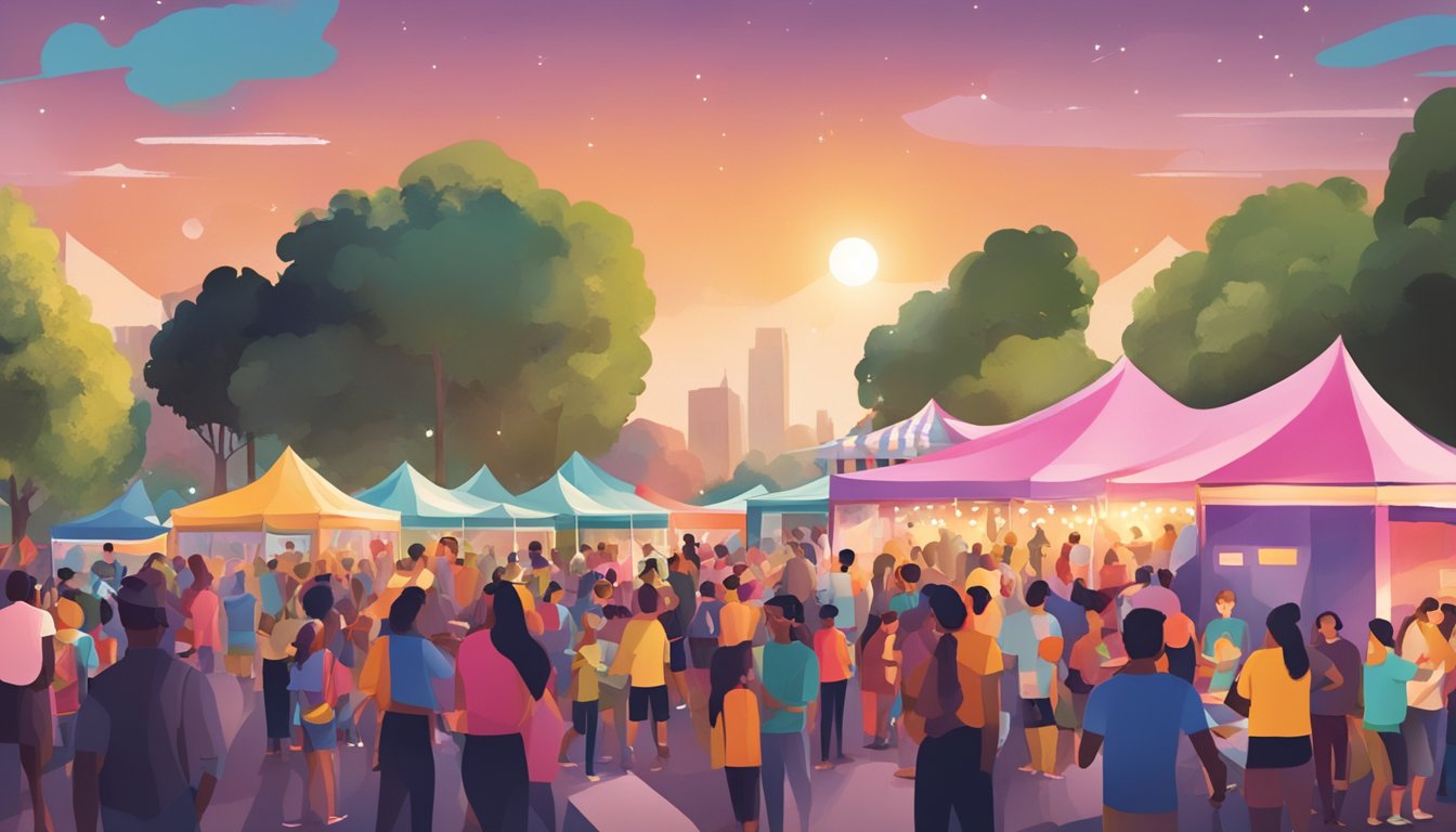 A bustling outdoor festival with food vendors, live music, and crowds of people enjoying the festivities under a spotlight on a stage showcasing various talents