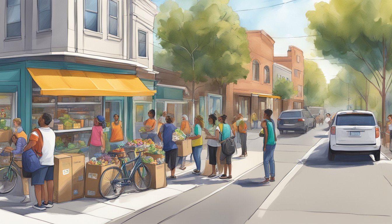 A bustling street corner in Chico, CA, with a colorful community fridge surrounded by eager volunteers and locals dropping off donations