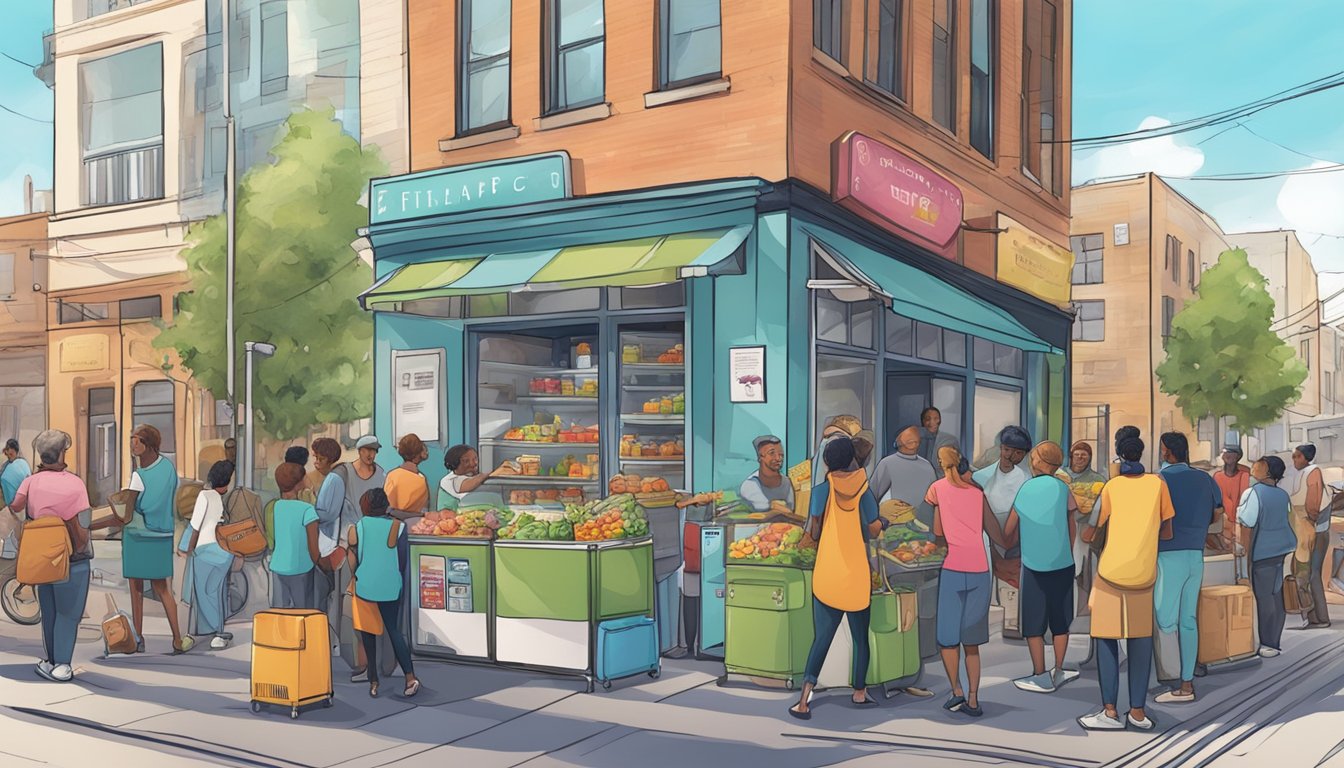 A bustling street corner with a colorful community fridge surrounded by people donating and taking food