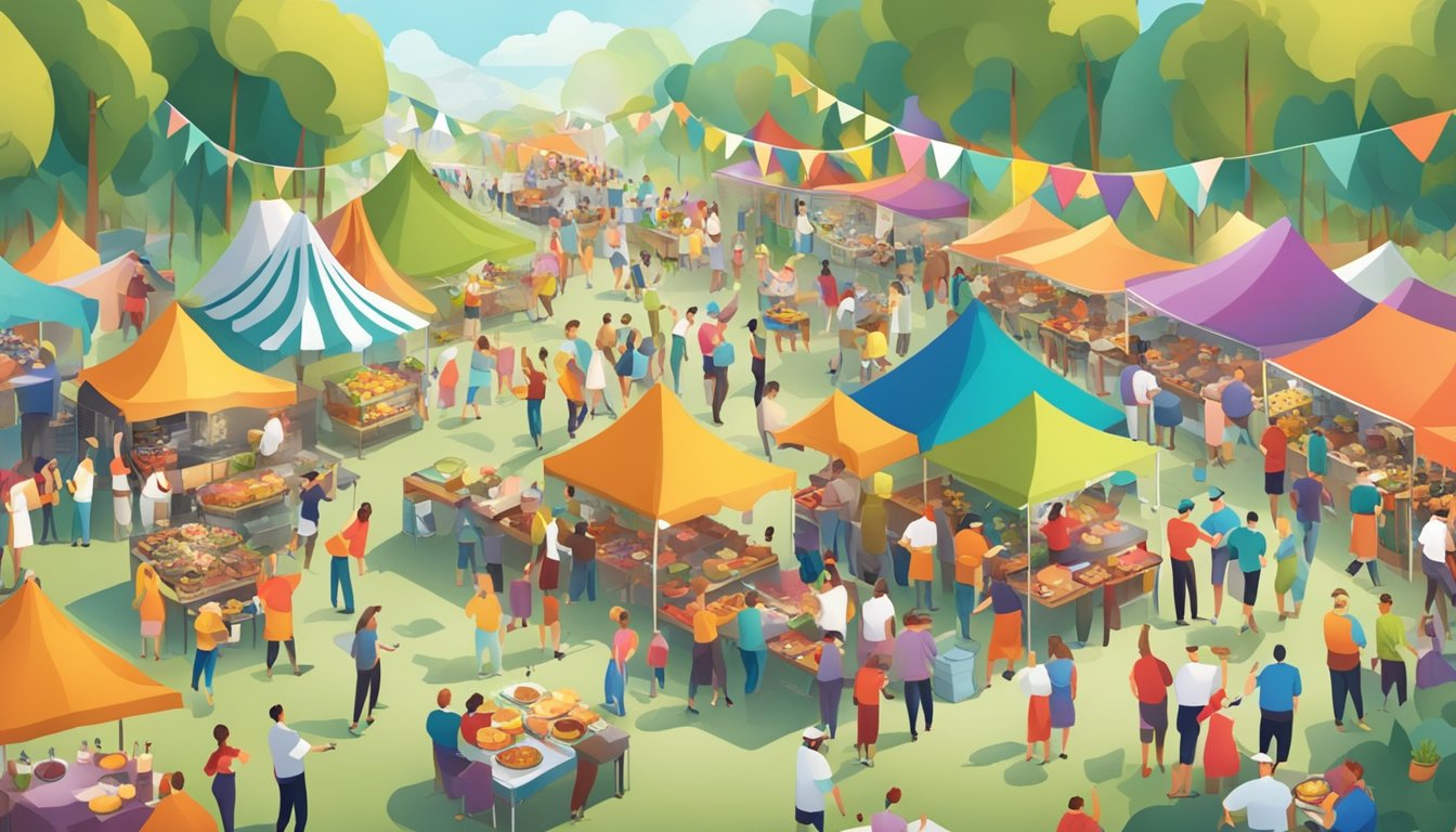 A bustling outdoor food festival with chefs cooking and serving dishes, surrounded by colorful tents and excited attendees