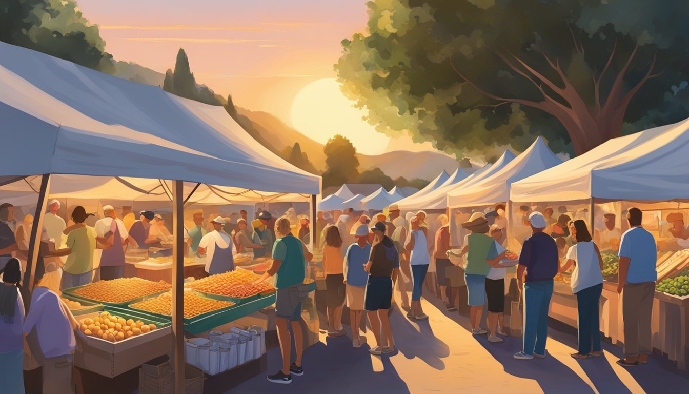 The sun sets over a bustling outdoor market at the Gilroy Garlic Festival, where vendors showcase fresh produce and visitors enjoy the aroma of garlic-infused dishes