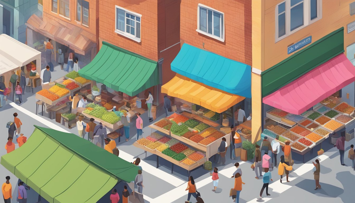 A colorful, bustling street market with a diverse array of people dropping off and picking up food at a community fridge