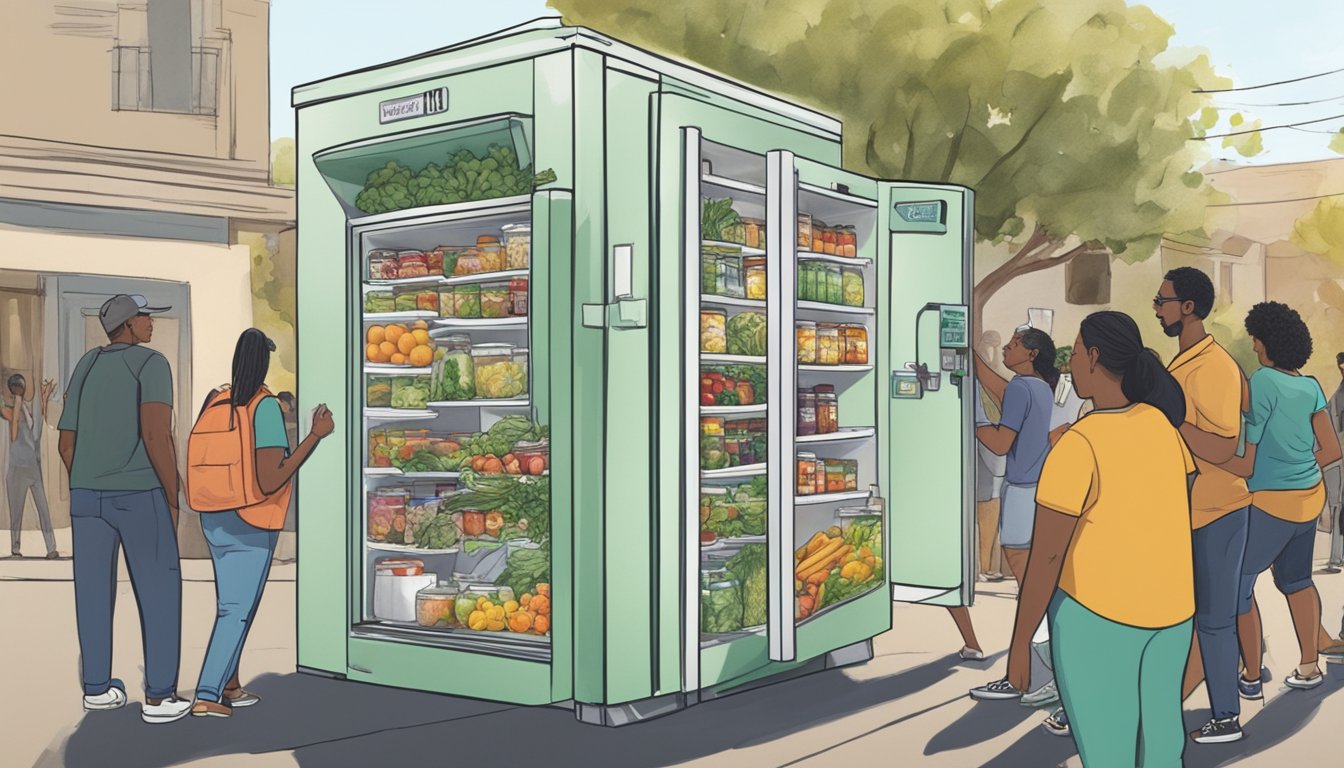 A community fridge in Chico, CA filled with fresh produce, canned goods, and other food items, surrounded by a diverse group of people accessing and donating to it